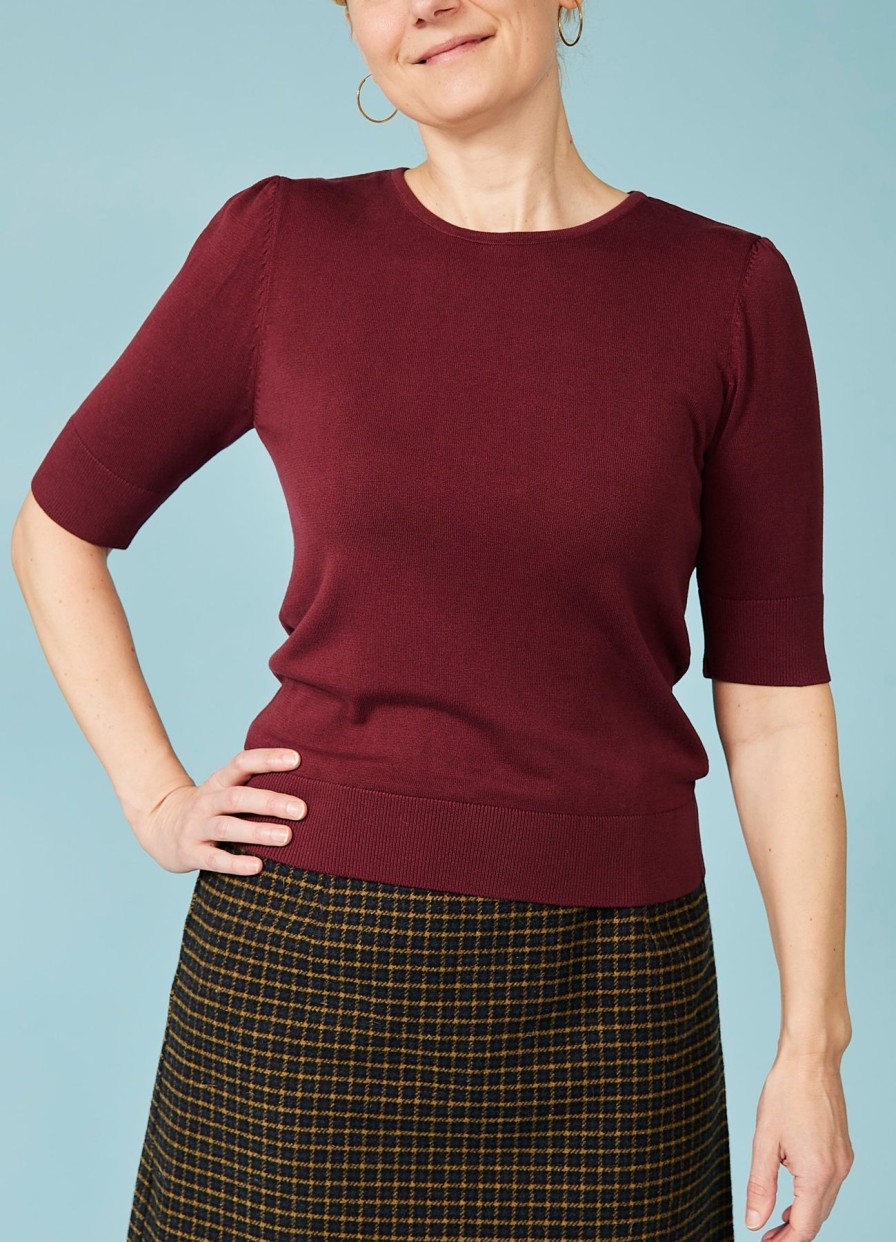 Women Collectif Tops | Chrissie Plain Knitted Top-Burgundy