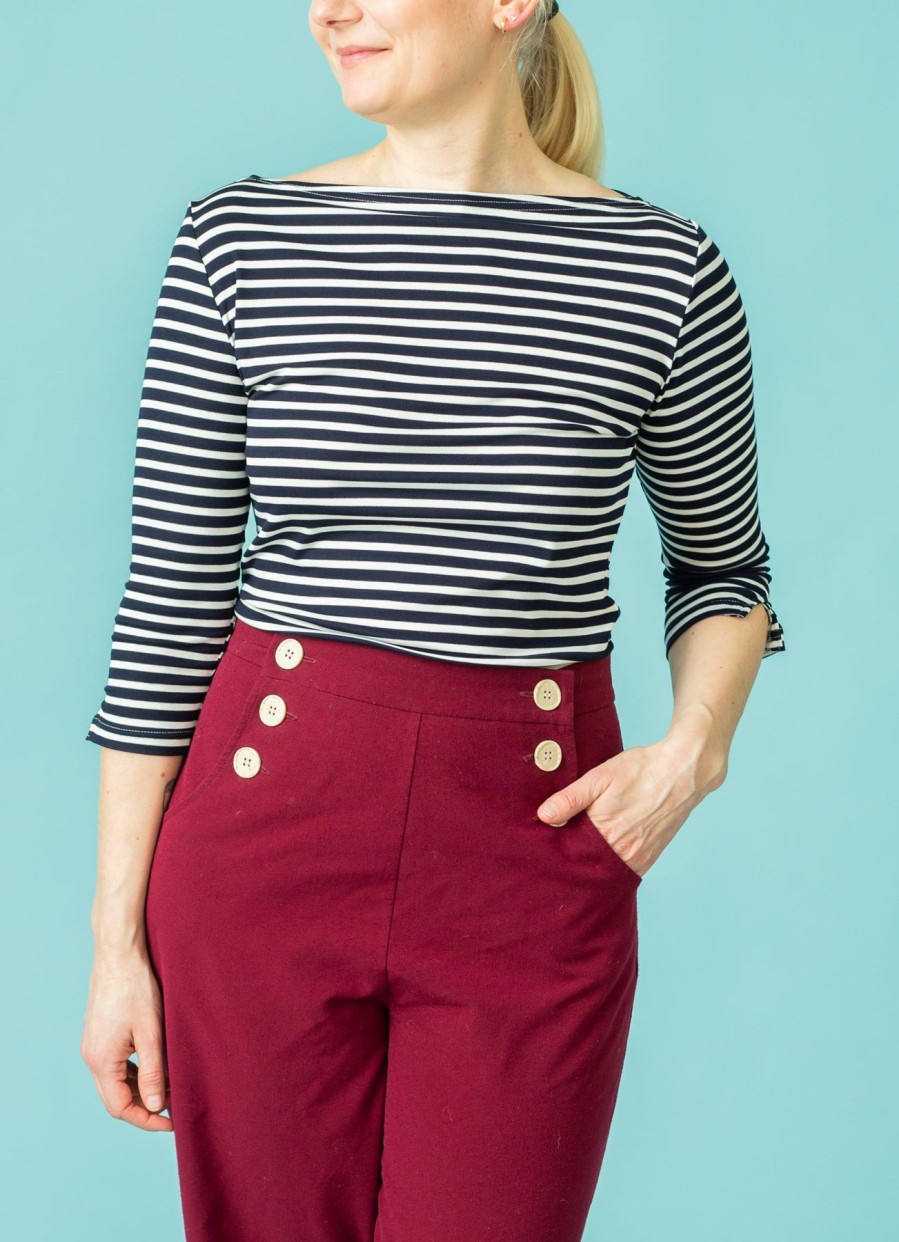 Women Very Cherry Tops | Boatneck Top Tricot Stripe-Dark Blue/White